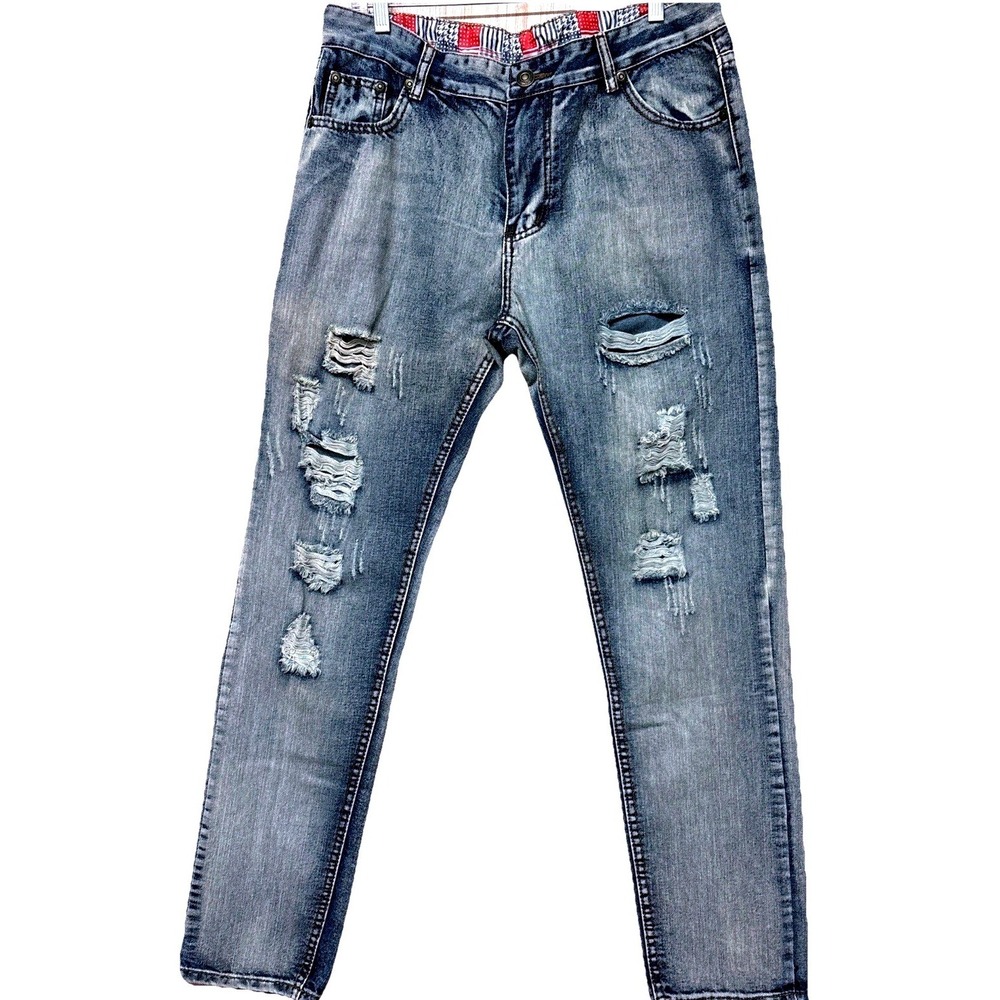 Fashion Jeans Mens Distressed Acid Wash Ripped Slim Fit Denim Light Blue Pants